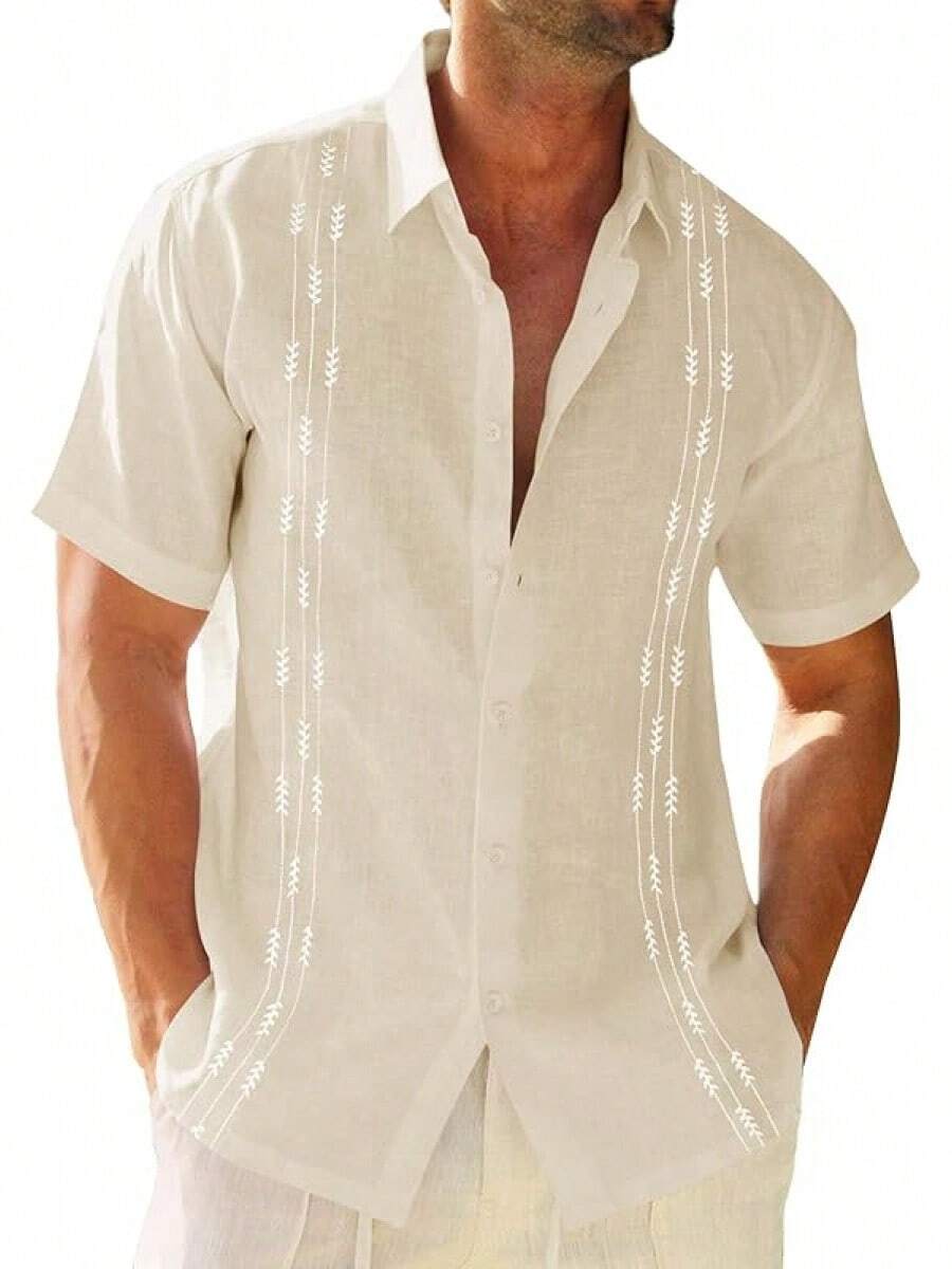 Mens Linen Shirt Guayabera Cuban Short Sleeve Button Down Cotton Summer Beach Hippie Shirtshalloween - 米色 - 查看 1