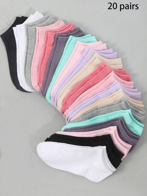 20 Pairs Girls' Plain Color Casual Short Socks, Skin-Friendly Soft Comfortable Breathable