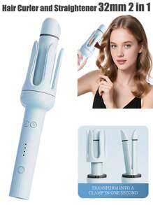 Auto Hair Curler And Straightener 2 In 1, 32mm Automatic Curling Iron With 4 Temperature, Automatic Shut-Off, Anti-Scald Rotating Curling Wand For Hair Styling, Blue