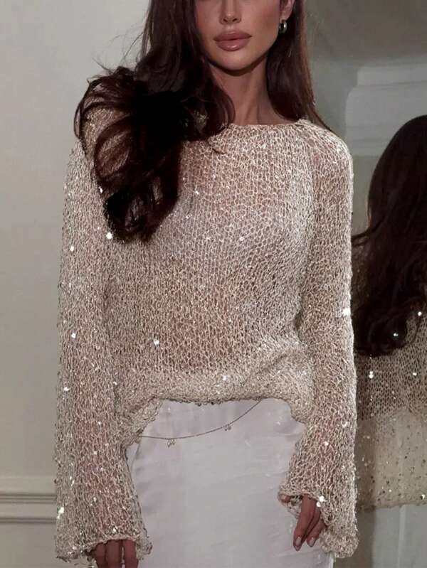 Yuwenier Sexy Hollow Out Sheer Sequin Embellished Crochet Cover-Up Batwing Long Sleeve Loose Fit Tops Rave Party Outfits For Women