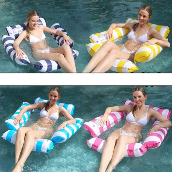 1 pieza Colchón inflable para piscina, Hamaca inflable para piscina, Colchón para piscina, Con bomba de aire manual, Cama flotante para adultos en la piscina, Incluye una bomba, Incluye una bolsa impermeable, Hamaca de agua para adultos - Flotador de piscina portátil y ligero de color azul con correas ajustables, Sin necesidad de bomba, Perfecto para lagos, piscinas y regalos del Día de San Valentín, Camas flotantes plegables a rayas para fiestas en la piscina y ocio en la playa con respaldo
