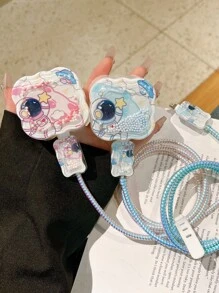 Set de 5 piezas Protector de cable de carga con diseño de cojín con estampado de astronauta, compatible con adaptador de cargador estándar británico de 20W, adecuado para iPhone11/12/13/14/15/16 Pro Max, cable de datos anti-doblado, fijador de cable, anti-rotura, protector de cabezal de cargador de TPU, accesorios de cargador, accesorios de teléfono