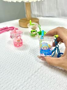 THE POWERPUFF GIRLS Fashionable & Versatile Cartoon Policewoman Milk Tea Cup Liquid Quicksand Keychain, Delicate Acrylic Key Ring Charm Pendant