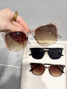 3pcs Plastic Square Full Frame Multi-Color Inlaid Nail Polish Tinted Retro Bohemian Decorative Portable Ins Style Fashion Eyeglasses, Suitable For Women Summer Beach Holiday Costume - 3pcs 黑透茶白豆花 - 查看 2