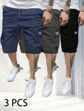 3 piezas Pantalones cortos cargo de unicolor casuales para hombres, pantalones cortos cargo de verano para hombres, pantalones cortos multiusos para hombres. Estos pantalones cortos para hombres tienen un concepto de diseño que combina la practicidad con un sentido del estilo, creando una combinación de uso adecuada para muchas ocasiones. Es adecuado para el ocio diario, viajes de fin de semana, actividades al aire libre, expediciones de viaje, entornos de trabajo relajados o ocasiones semi-formales.