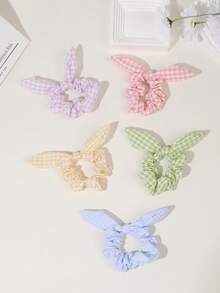 1/5 件可爱糖果色格子兔耳形发圈，儿童发饰