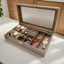 Caja de reloj de madera vintage de tamaño extra grande, caja de joyería con compartimentos para anillos, caja de almacenamiento y exhibición multifuncional para joyería