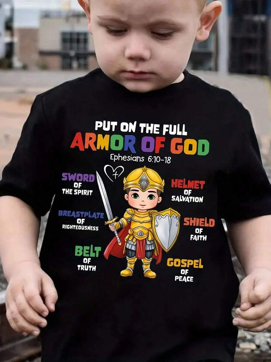 Boys' "Put On The Full Armor Of God" Cotton T-Shirt - Comfortable And Relaxed Crew Neck Short Sleeve, Black, Graphic Design, Machine Washable, Everyday Youth Clothing | Colorful Graphic Print | Comfortable Stretch Material, Tween Boys Clothing Printed & Shipped In USA - 黑色 - 查看 1