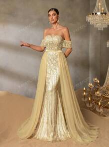 Faeriesty Faeriesty Elegant Off-Shoulder Evening Gown With Adjustable Back Tie Closure, Sheer Tulle Extensions & Dramatic Mermaid Silhouette - Perfect For Red Carpet Galas, Black-Tie Weddings, Opera Performances, Gala Dinners, High-Profile Charity Events