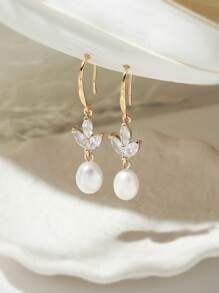 Brincos de Pérola: Brincos Brinco Pendente Folha de Pérola de Prata Esterlina Natural, Brincos Pendentes Zircônia Cúbica Decorada com Pérola Folheada a Ouro 14k, Brinco de Gancho de Pérola, Brinco Pendente de Noiva, Presente para Ela