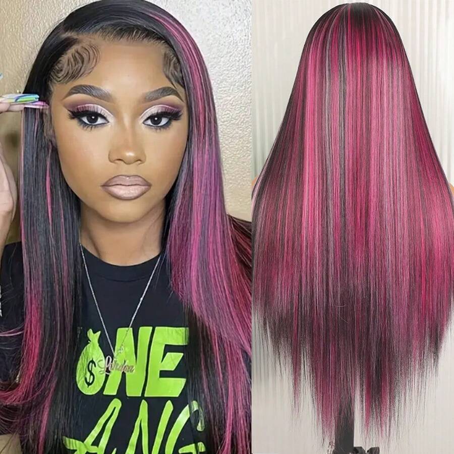 Purple Color Lace Front Wigs Pre Plucked Hairline Long Straight Wigs For Fashion Women Girls Party Daily Wear Glueless Dark Purple Lace Front Synthetic Wigs 13x4 Free Part Heat Resistant Fiber Hair 28 Inch 180% Density - 挑染粉色 - 查看 1