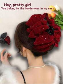 1 pièce Épingle à cheveux pour femme en bordeaux élégante et de haute qualité avec décoration de strass scintillante, grand papillon, accessoire capillaire convenant pour une fête, un banquet, une décoration brillante, une sortie, une tenue décontractée. Accessoire de tenue d'été, accessoires capillaires élégants, pinces à cheveux mode femme