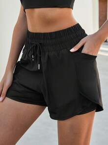 Shorts de yoga deportivos 2 en 1 de secado rápido para mujer con bolsillos de malla, tejido transpirable y cordón ajustable. Pantalones cortos cómodos y transpirables. - Negro - Ver 4