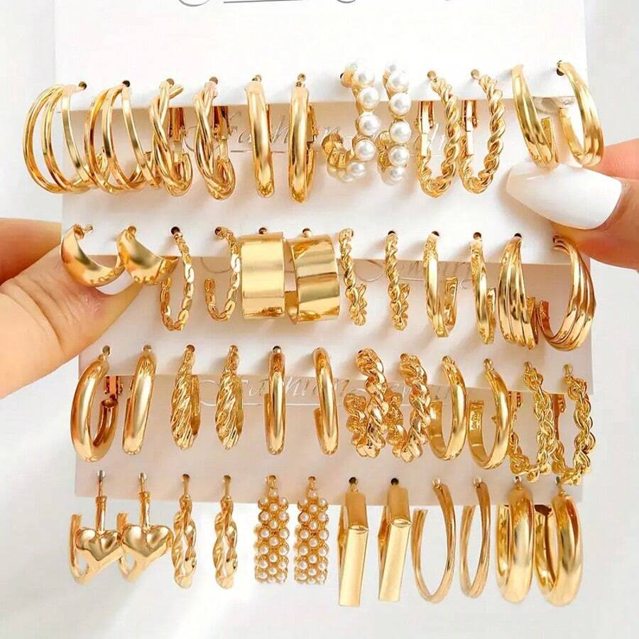 24 Pairs Gold Hoop Earrings Set For Women Hypoallergenic Chunky Chain Twisted Open Hoops Dangle Earring Packs For Birthday Party Christmas Fashion Jewelry Gift - Gold - View 1