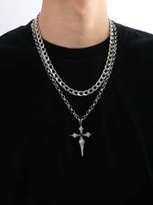 Set de collar de múltiples capas con colgante de cruz, de estilo punk a la moda para hombres, adecuado para vacaciones/viajes