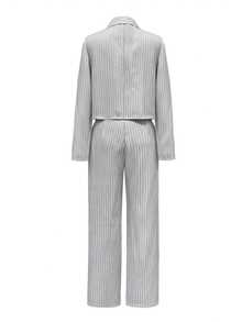 Women'S Elegant Striped Two-Piece Suit - Casual Business Attire, White & Gray, Polyester Blend, Perfect For Spring/Fall, Casual Business Attire|Striped Pattern|Polyester Blend - 淺灰色 - 查看 3