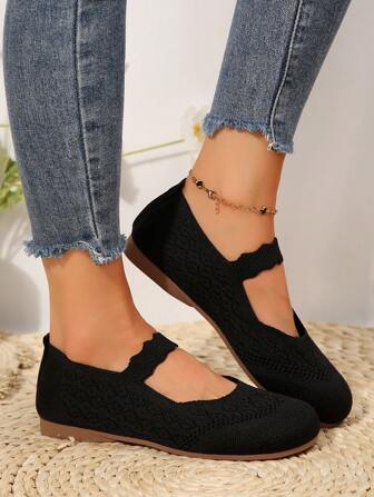 2025 年秋季女士四季针织玛丽珍平底鞋，纯色一脚蹬圆头鞋，织物鞋面和衬里，橡胶外底，支持手洗