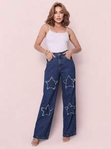 Calça jeans wide leg com formatos de estrelas feminino novo
