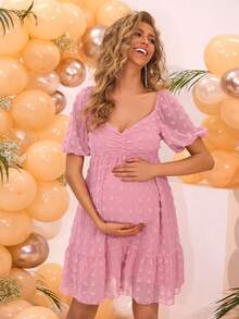Joyfunear 孕妇简约纯色短袖连衣裙，日常穿着 - 粉色 - 查看 4