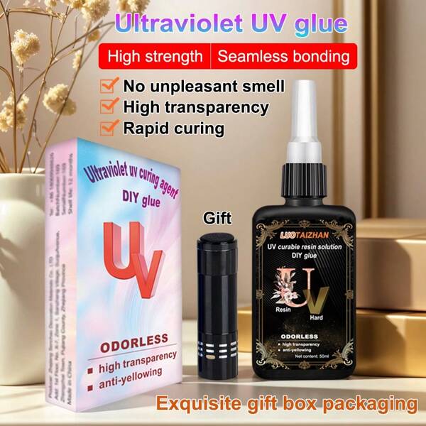 1 pieza de 50ml Caja de regalo premium Agente de curado ultravioleta, pegamento UV, pegamento UV invisible, pegamento para manualidades DIY, pegamento UV con efecto gota, sellador adhesivo, adhesivo óptico UV. Adecuado para: productos electrónicos, pantallas de teléfonos móviles, manualidades DIY, joyería, , artesanía de acrílico, vidrio, metal, plástico, cerámica y otros productos. Transparente y sin daños después del curado, super fuerte de secado rápido, bajo olor, sin decoloración.