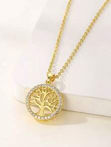 1 件女士时尚银色和金色空心生命之树吊坠项链，几何不锈钢颈链，欧美风格 - 金色 - 查看 7