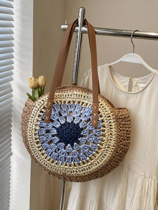 Bolsa de Praia Redonda Trançada de Grande Capacidade para Mulheres, Bolsa Sacola de Palha Vazada na Moda, Versátil