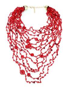 Colar vermelho com várias camadas de crochê ZAA, um colar de crochê moderno, usado em feriados, boêmio, com contas de arroz na cor coral, colar longo com babador, corrente exagerada de clavícula empilhada com várias camadas