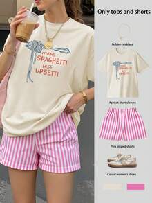 意大利面印花夏季大码女式超大短袖上衣和条纹短裤套装，大码两件套，夏季两件套