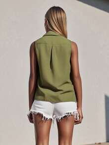 Y2K Women Button-Up Tank Tops Loose Solid Color Lapel V Neck Sleeveless Chiffon Blouse Causal Summer Streetwear - Army Green - View 6
