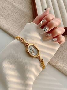 1 Pc Elegant Oval French-Style Women's Gold Strap Digital Dial Quartz Wrist Watch, Suitable For Daily Wear And Social Gatherings