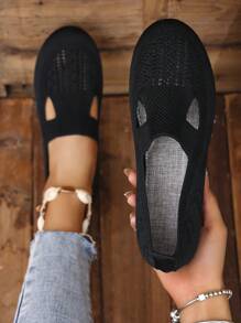 Women's Round Toe Knitted Flat Casual Sneakers, Comfortable Everyday Walking Slip-On Loafers, Suitable For Mothers