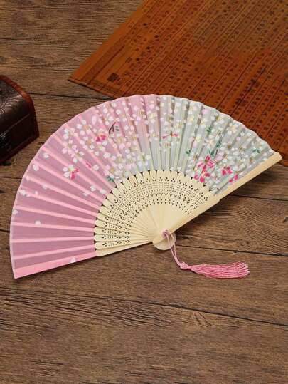 1 pieza/2 piezas Abanicos de mano plegables con estampado floral, abanicos decorativos de estilo chino para fiesta, baile y decoración del hogar