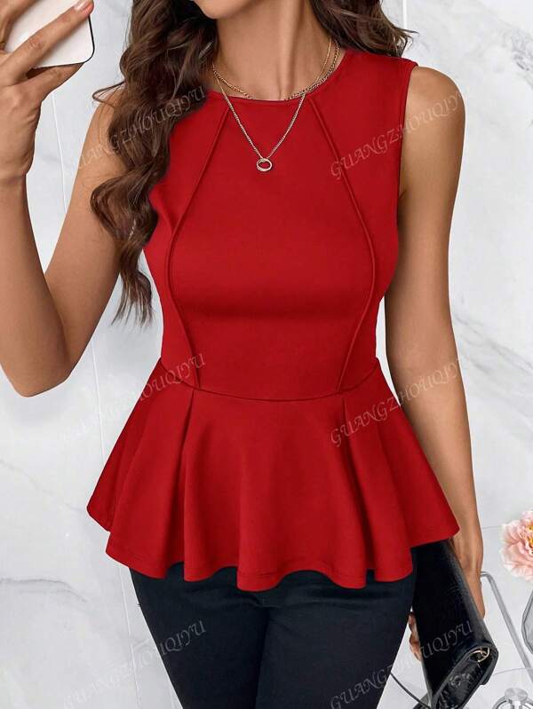 2025 New Women Elegant Sleeveless Rib Trim Ruffle Hem Solid Color Casual/Work Crew Neck Tank Tops
