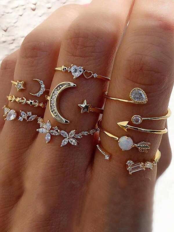 9 Peças/Conjunto Anéis Minimalistas com Coração, Estrela, Lua, Flor e Pedras de Strass, Adequados para Datas, Férias, Combinações Diárias, Presentes para Mulheres