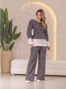 Oversize Knit Set In Plain Mousse Yarn With Striped Detail On The Hem, Autumn Winter - Dark Grey - View 5