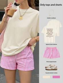 字母印花女士大码宽松短袖上衣大码条纹短裤套装大码两件套女士夏季大码两件套度假装