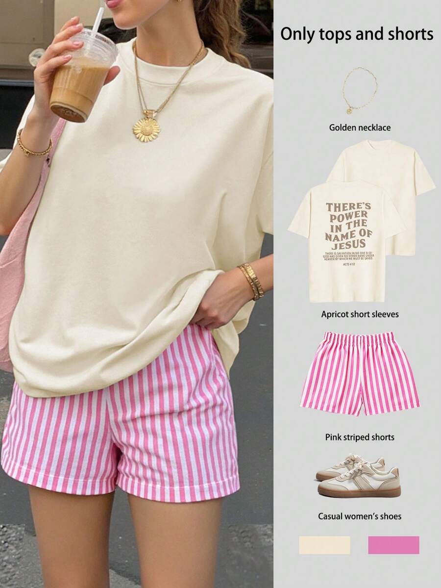 字母印花女士大码宽松短袖上衣大码条纹短裤套装大码两件套女士夏季大码两件套度假装