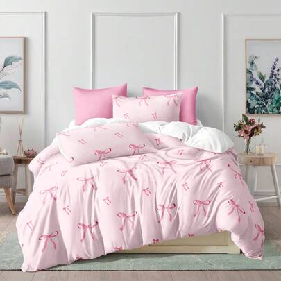 3pcs Pink Striped Bow Girl Cute Digital Print Duvet Cover Set (1 Duvet Cover Without Filler + 2 Pillowcases Without Filler), Daily Polyester Soft And Skin-Friendly Fabric, Suitable For Bedroom, Master Bedroom, Guest Room, All Seasons, Dormitory Bedding, Dormitory Decor, Cute Home, Decorative Bedding