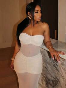 女士时尚优雅性感抹胸网纱拼接透视连衣裙，夏季白色 - 白色 - 查看 7