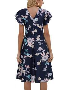 Women's Semi-Formal Ruffle Sleeve V-Back Work Fit And Flare Cocktail Knee Length Dress With Pockets, 2025 Style - 海軍粉 - 查看 2
