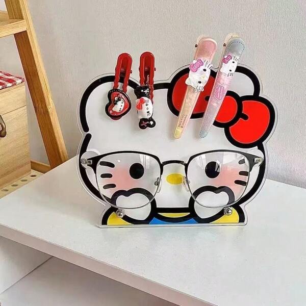 Sanrio Estantería de almacenamiento Sanrio Kitty Cat, estantería de almacenamiento para gafas, organizador de escritorio de acrílico lindo para gafas de sol y horquillas, útiles escolares, de vuelta a clases