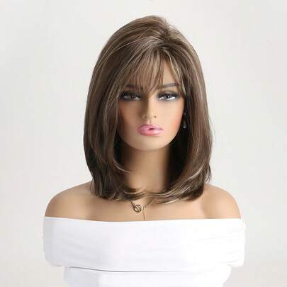 16 英寸合成中长渐变棕色至浅金色直发假发，带空气刘海，适合日常佩戴、节日、生日、音乐节、万圣节服装、圣诞派对