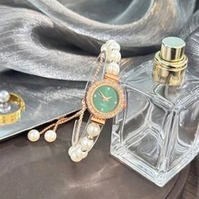 1 件女士优雅白色珠饰闪亮钻石点缀精致珍珠母贝纹理表盘石英时尚腕表