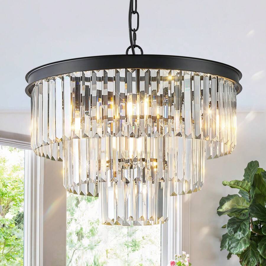 Modern Crystal Chandeliers For Dining Room, 20" Round Chandeliers For Dining Room 3 Tiers 7 Lights Luxury K9 Crystal Ceiling Pendant Light Fixture For Foyer Bedroom Closet - Black - View 1