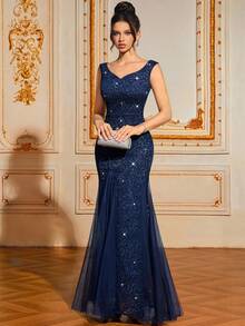 MIUSOL Đầm dạ hội dài ôm sát cổ trái tim đính sequin ren lưới viền đuôi cá sang trọng trang trọng dự tiệc cưới, dự tiệc tốt nghiệp, tiệc tối - Màu xanh hải quân - Xem 6