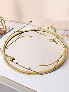 1pc Golden Round Glass Tray, Mirror Jewelry Tray, Perfume Tray, Mirror Vanity Tray, Dresser Tray Ornate Tray Metal Decorative Tray Perfume Organizer Makeup Tray For Vanity Dresser, For Home Room Living Room Office Decor