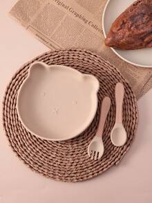 PopLittleOne 3件装婴儿硅胶餐具套装木柄勺子叉子卡通小熊碗碟零食盘喂食学习婴儿用品