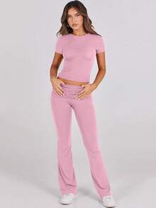 Lounge Sets Women 2 Piece Foldover Yoga Flare Leggings Pants Crop Tops Casual Y2K Outfits Matching Tracksuit Set - 粉色 - 查看 2