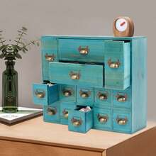 Old Style Medicine Cabinet, Dressing Table Storage Box, Wooden 14 Drawer Storage Box - Màu xanh lam - Xem 7