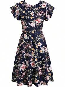 Women's Semi-Formal Ruffle Sleeve V-Back Work Fit And Flare Cocktail Knee Length Dress With Pockets, 2025 Style - Navy Floral - 查看 3